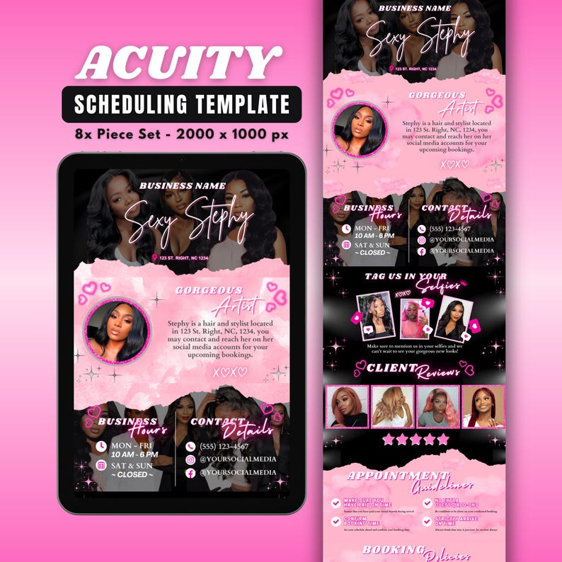 Editable pink hairstylist website template for Canva – modern feminine single-page design featuring booking policies, appointment guidelines, client reviews, business hours, contact details, and thank-you section.