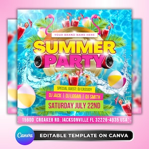 Summer Pool Party Flyer: Tropical Flamingo DJ Event Invitation, Celebration, Instagram Promotion Canva Template