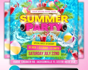 Summer Pool Party Flyer: Tropical Flamingo DJ Event Invitation, Celebration, Instagram Promotion Canva Template