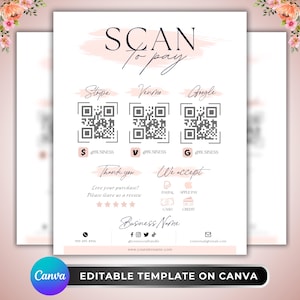 Peut inclure: Un modèle de panneau de paiement blanc avec des touches de pinceau rose pâle, affichant le texte SCAN to pay, trois codes QR pour Stripe, Venmo et Google, des icônes pour PayPal, Apple Pay, espèces et carte, ainsi que des champs de contact.