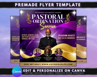 May include: Purple and gold flyer with a photo of a man in a suit and tie. The flyer announces a Pastoral Ordination Service for Victorious Life Baptist Church on Sunday, March 5th at 11 AM. The address is 660 North Sycamore Lane, Defiance, OH 43512. The phone number is (555) 987-6543 and the website is www.vistoriouslife.com.