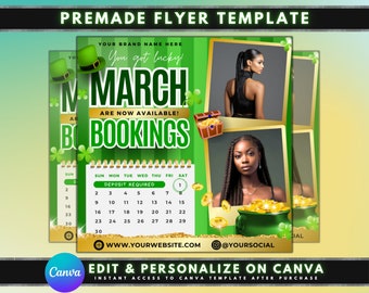 March Bookings Flyer, DIY Flyer Template Design, March Specials Beauty Flyer, Premade St. Patrick Deals Hair Nails Lash Appointment Flyer