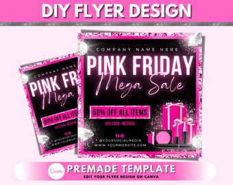 May include: Pink Friday Mega Sale flyer template with a black background and pink accents. The flyer features a diamond pattern, a pink gift box, and makeup products. The text on the flyer reads "Pink Friday Mega Sale" and "50% off all items. Use code: MEGA50".