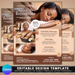 Puede incluir: Un folleto que anuncia servicios de masaje. El folleto presenta a una mujer recibiendo un masaje e incluye información sobre servicios de masaje corporal completo, spa para pies y spa facial. El folleto también incluye un descuento del 30% para clientes nuevos.