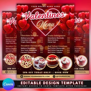 Valentinstag Leckereien Menü Vorlage, DIY Flyer Vorlage Design, Preisführer für Süße Angebote, Bäckerei Preisliste Flyer, Vorgefertigte Kuchen Preisliste Flyer
