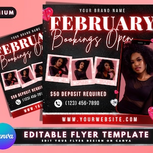 February Booking Flyer, DIY Flyer Template Design, Valentines Flyer, Hair Flyer, Booking Flyer, Appointment Flyer, Premade Editable Flyer