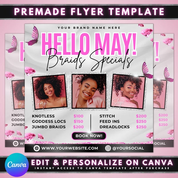May Braids Specials Flyer, DIY Flyer Template Design, May Deals Flyer, Mother's Day Promo Sale Flyer, Premade Hair Lash Nails Beauty Flyer