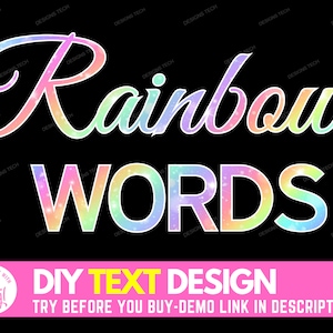 Design de palavras de arco-íris DIY, edite você mesmo letras coloridas de arco-íris glam, texto de arco-íris multicolorido, letras de arco-íris brilhantes, palavras brilhantes