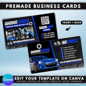 Tarjetas de presentación para el servicio de detallado de automóviles, diseño de plantillas de tarjetas de presentación de Canva para hacer uno mismo, tarjetas de presentación para el servicio de detallado de automóviles, tarjetas con código QR prefabricadas para el servicio de detallado de automóviles