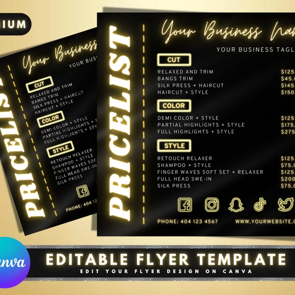 Gold Price List, DIY Flyer Template Design, Business Price List Flyer, Pricing Guide Sheet, Beauty Price List, Premade Salon Business Flyer