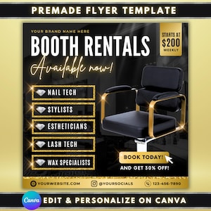 Booth Rental Flyer Template, Black Gold Salon Canva Flyer, Editable Stylist Chair Rental Poster, Nail Tech Lash Tech Wax Specialist Flyer