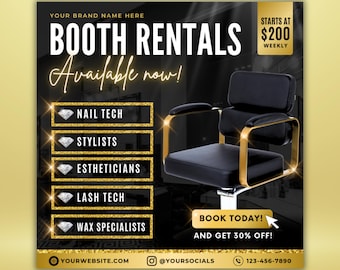 May include: A black and gold flyer promoting booth rentals for beauty professionals. The flyer includes text that says "Booth Rentals Available now!" and lists services such as nail tech, stylists, and estheticians. A black salon chair with gold accents is featured.