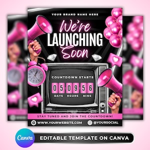 May include: A promotional graphic with a black background and pink accents. The text "We're Launching Soon" is displayed prominently. A countdown timer shows 5 days, 9 hours, and 56 minutes. Includes a pink alarm clock, megaphones, and social media icons.