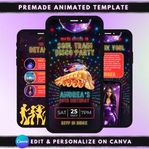Animated Birthday Party Invitation, DIY Template Design, Soul Train Party Invite, Groovy 70s Disco Fever Bday, Premade Retro Vintage Invite