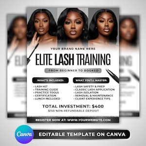 Könnte beinhalten: Werbeflyer für "Elite Lash Training" mit drei Bildern einer Frau mit dunklem Haar. Der Flyer beschreibt die Kursinhalte, einschließlich Wimpern-Kits und Anwendungstechniken. Der Flyer ist eine editierbare Vorlage auf Canva.