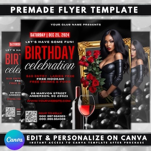 Red Black Birthday Flyer, DIY Flyer Template Design, Birthday Girl Party Invite Flyer, Birthday Event Flyer, Premade Celebration Bday Flyer