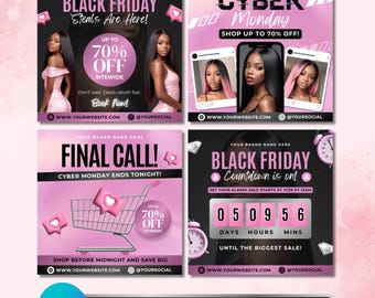 May include: Four pink and black promotional social media templates for Black Friday and Cyber Monday sales. Each template features a model, sale information, and website details. The templates include text such as "Black Friday Steals Are Here!" and "Cyber Monday".