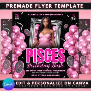 Pisces Szn Birthday Party Flyer, DIY Flyer Template Design, Bday Bash Flyer, Night Club Event Flyer,  Premade Zodiac Girl Celebration Invite