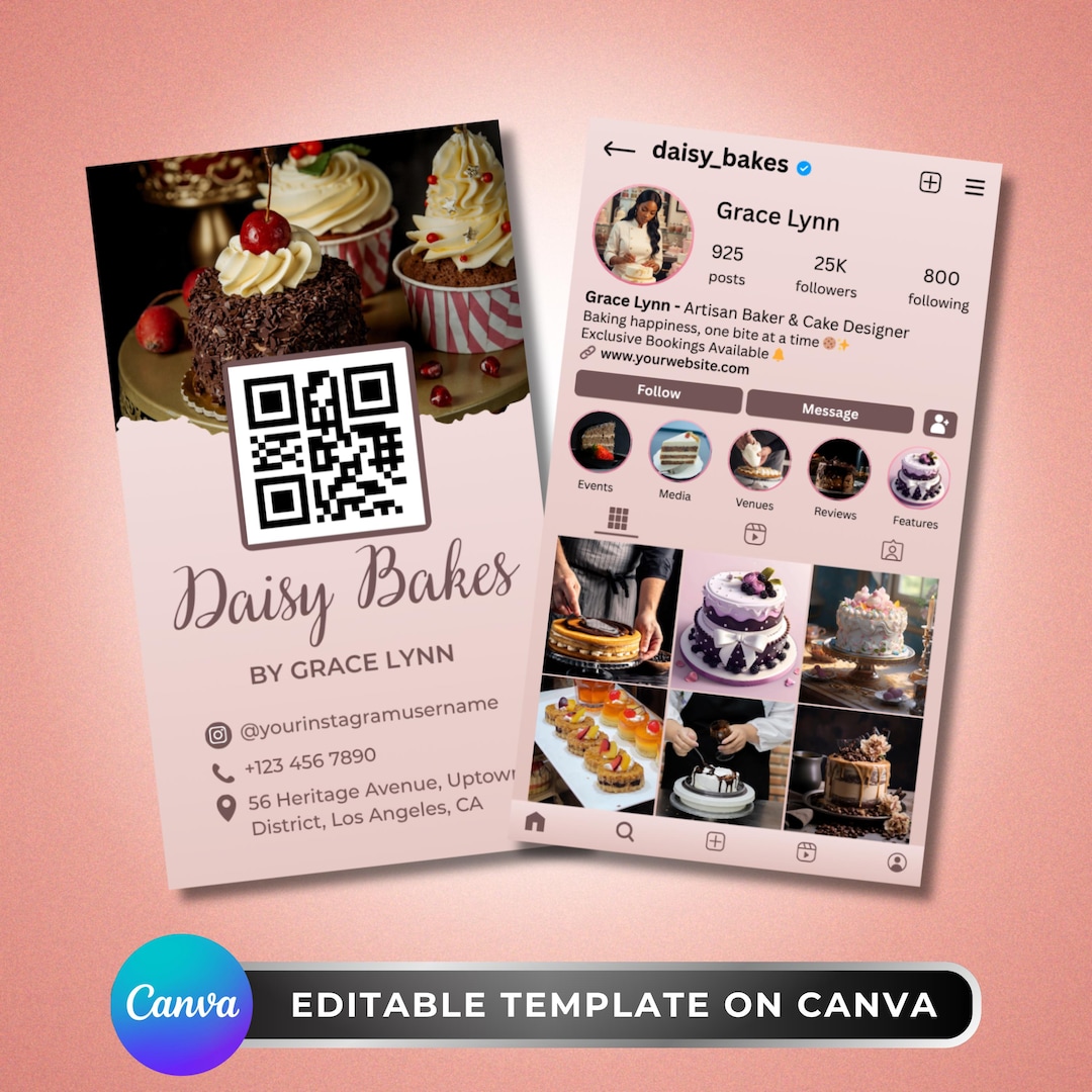 Bakery Instagram Business Card: QR Code Cake Shop Card, Editable Pastry ...