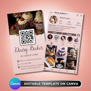 May include: A business card and a phone screen featuring a bakery's branding. The card says "Daisy Bakes" and includes contact info and a QR code. The phone screen shows a social media profile with cake photos and the text "Grace Lynn - Artisan Baker & Cake Designer."