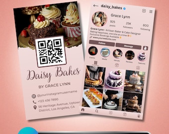 Bakery Instagram Business Card: QR Code Cake Shop Card, Editable Pastry Canva Template