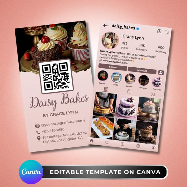 Bakery Instagram Business Card: QR Code Cake Shop Card, Editable Pastry Canva Template