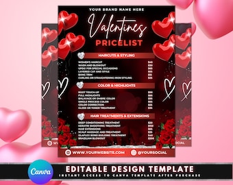Valentines Price List Template, DIY Flyer Template Design, Salon Pricing Guide, Beauty Services Price Sheet Flyer, Premade Pricelist Flyer