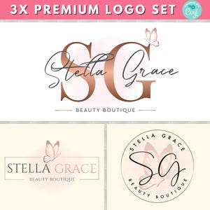 Modello di set di loghi per bellezza, 3 loghi premium per boutique di saloni, kit di branding femminile, design moderno del logo a farfalla, logo modificabile per centro benessere con ciglia finte
