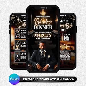 Animated Birthday Dinner Invitation, DIY Template Design, Men&#39;s Party Video Invite, Premade Gold Party Celebration Event Digital E-Invite