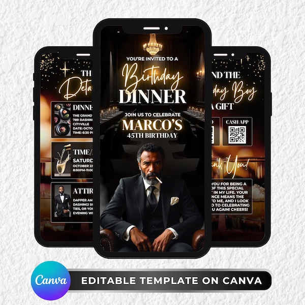 Animated Birthday Dinner Invitation, DIY Template Design, Men's Party Video Invite, Premade Gold Party Celebration Event Digital E-Invite