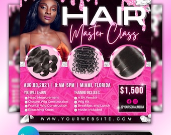 Hair Masterclass Flyer: Wig Installation Training, Hairstylist Workshop, Beauty Industry Marketing, Professional Canva Template
