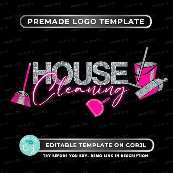 House Cleaning Logo Template: Editable Corjl Logo for Cleaning Services Businesses, Glitter Pink Cleaning Logo Design