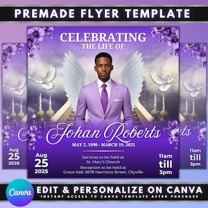 Peut inclure: Un modèle de flyer préfabriqué avec un design violet et blanc. Le flyer présente un homme en costume violet, des ailes d'ange et des colombes. Le texte comprend "Célébrer la vie de Johan Roberts" et les détails de l'événement. Le logo Canva est visible.