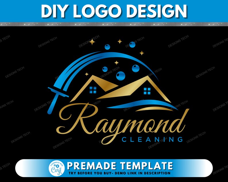 May include: DIY logo design template for a cleaning service called Raymond Cleaning. The logo features a blue and gold house with a blue swoosh and stars. The text "Raymond Cleaning" is in a gold cursive font.