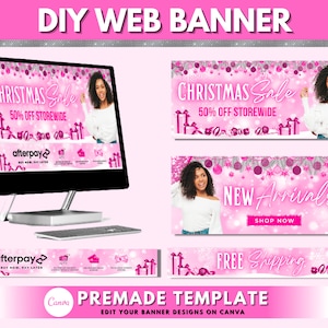 May include: A pink and white web banner template with a Christmas theme. The banner features a woman, a Christmas sale announcement, and the text "New Arrivals" and "Shop Now". The banner also includes the text "Free Shipping" and "Afterpay".
