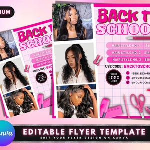 Terug naar school flyer, doe-het-zelf flyer sjabloonontwerp, terug naar school verkoop flyer, haar flyer, pruik flyer, sociale media flyer, premade flyer