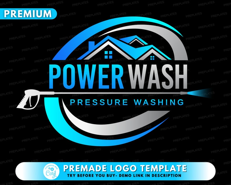 Op de afbeelding: Een blauw en zilver logo-ontwerp voor een hogedrukreinigingsbedrijf. Het logo toont een gestileerd huis met een spuitmond en de tekst "POWER WASH" en "PRESSURE WASHING".