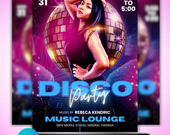 Disco Party Flyer: Nightclub DJ Promotion, Neon Themed Dance Event Advertisement, Editable Music Lounge Canva Template