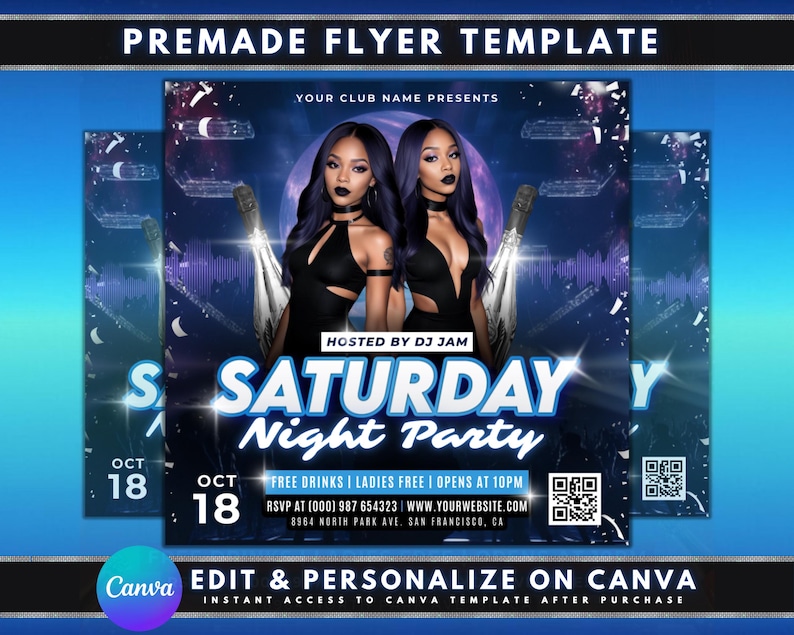 Saturday Night Party Flyer, DIY Flyer Template Design, Ladies Night