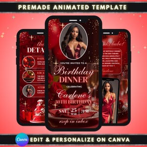 Animated Birthday Dinner Video Invitation, DIY Template Design, Red Theme Party Invite, Premade Bday Party Celebration Event Digital Einvite