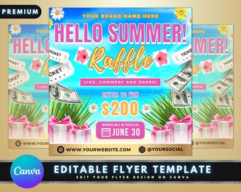 Flyer tombola d'été, conception de modèle de Flyer bricolage, Flyer cadeau saison estivale, Flyer billet de tombola cheveux, Flyer de tombola Premade médias sociaux