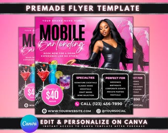 May include: A pink and black flyer with the text "Mobile Bartending" in white. The flyer advertises mobile bartending services for weddings, birthdays, corporate events, and other events. The flyer includes a price of $40 per hour and a phone number to call for booking.