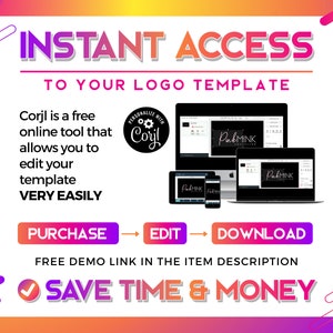 Op de afbeelding: Een roze en paarse afbeelding met de tekst "INSTANT ACCESS TO YOUR LOGO TEMPLATE". De afbeelding bevat ook de tekst "Corjl is een gratis online tool waarmee je je sjabloon ZEER GEMAKKELIJK kunt bewerken". De afbeelding bevat ook een logo voor "Corjl" en een screenshot van de Corjl-website. De afbeelding bevat ook de tekst "KOOP BEWERKEN DOWNLOADEN GRATIS DEMO-LINK IN DE ARTIKELBESCHRIJVING BESPAAR TIJD EN GELD".