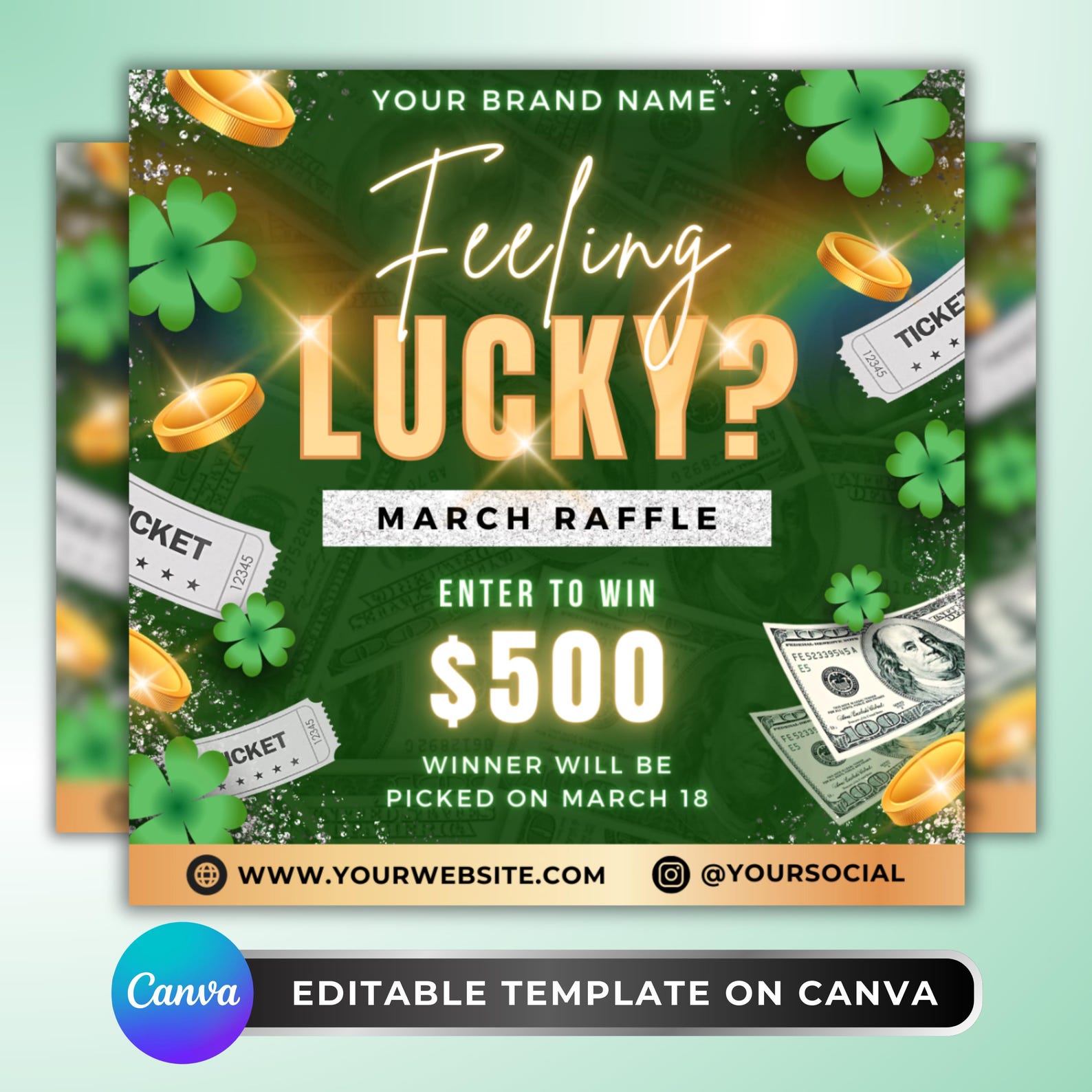 Raffle March March Raffle Flyer: St Patricks Day Giveaway, Lucky Money Promo, Cash ...