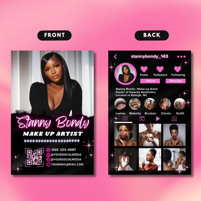 Instagram Business Cards, DIY Canva Template Design, Black And Pink Lash Card, Make Up Artist Salon Cards, Premade Lash Beauty Business Card image 3