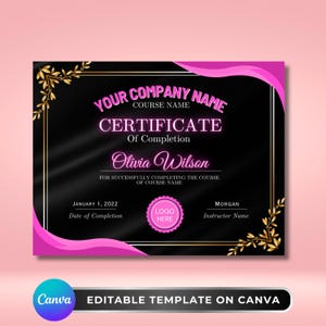 Certificaat van voltooiing, roze en zwart schoonheidstrainingscertificaat, lash-brow-nagelsaloncursus diplomaontwerp, deelnamecertificaat