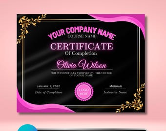 Certificat d'achèvement, Certificat de formation en beauté rose et noire, Conception de diplôme de cours de salon de manucure pour les sourcils et les cils, Certificat de participation