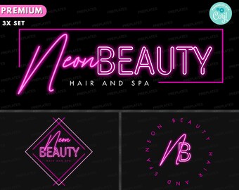 May include: Three neon pink logo designs for a hair and spa salon. The first logo features the text "Neon Beauty" with the word "Neon" in a cursive script. The second logo features the text "Neon Beauty" inside a pink diamond shape. The third logo features a pink neon "B" with the text "Neon Beauty" surrounding it.