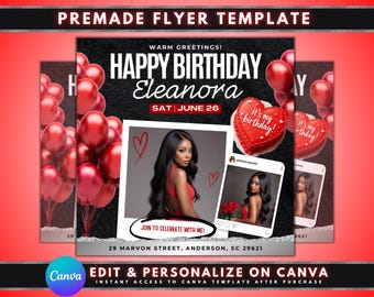 Red Birthday Flyer, DIY Flyer Template Design, Birthday Girl Party Invite Flyer, Birthday Event Flyer, Premade Celebration Bday Invitation