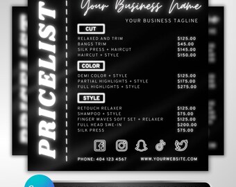 Salon Price List: Stylist Service Menu, Beauty Business Pricing Guide, Editable Canva Template